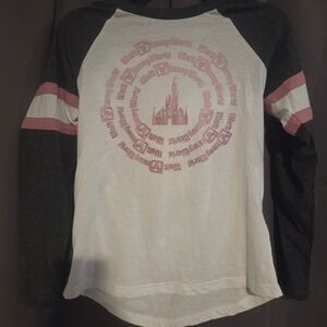 Disney World Castle‎ Graphic Raglan Hoodie, Women's XS Shirt, Pink Gray White